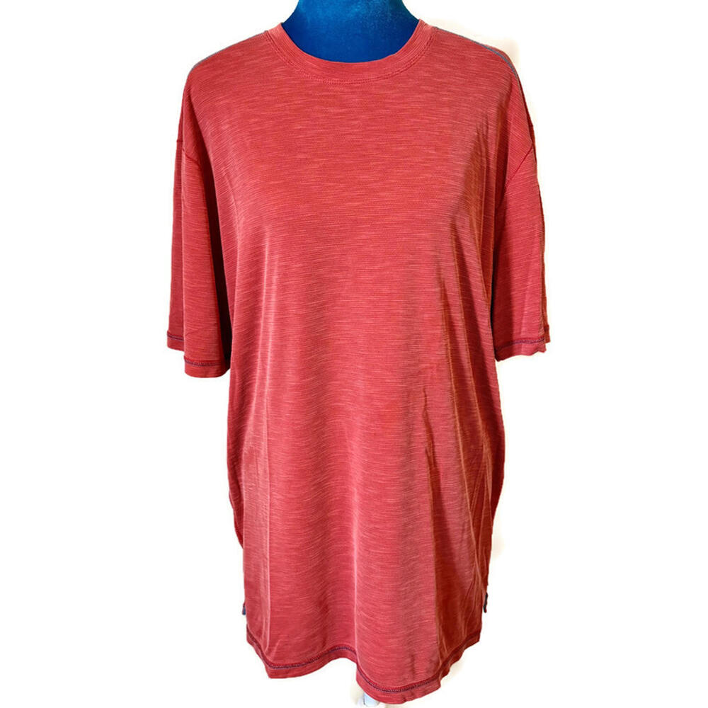 Tommy Bahama Textured Knit Pullover Shirt Coral Aqua Trim L